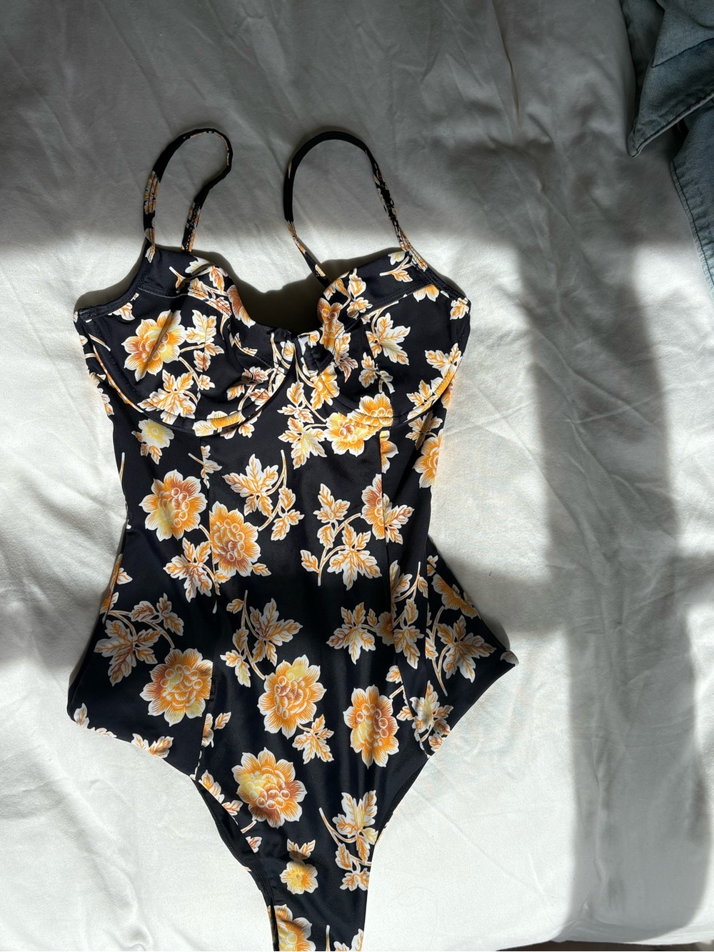 Auguste The Label Black One-Piece Bodysuit with Yellow Floral Print